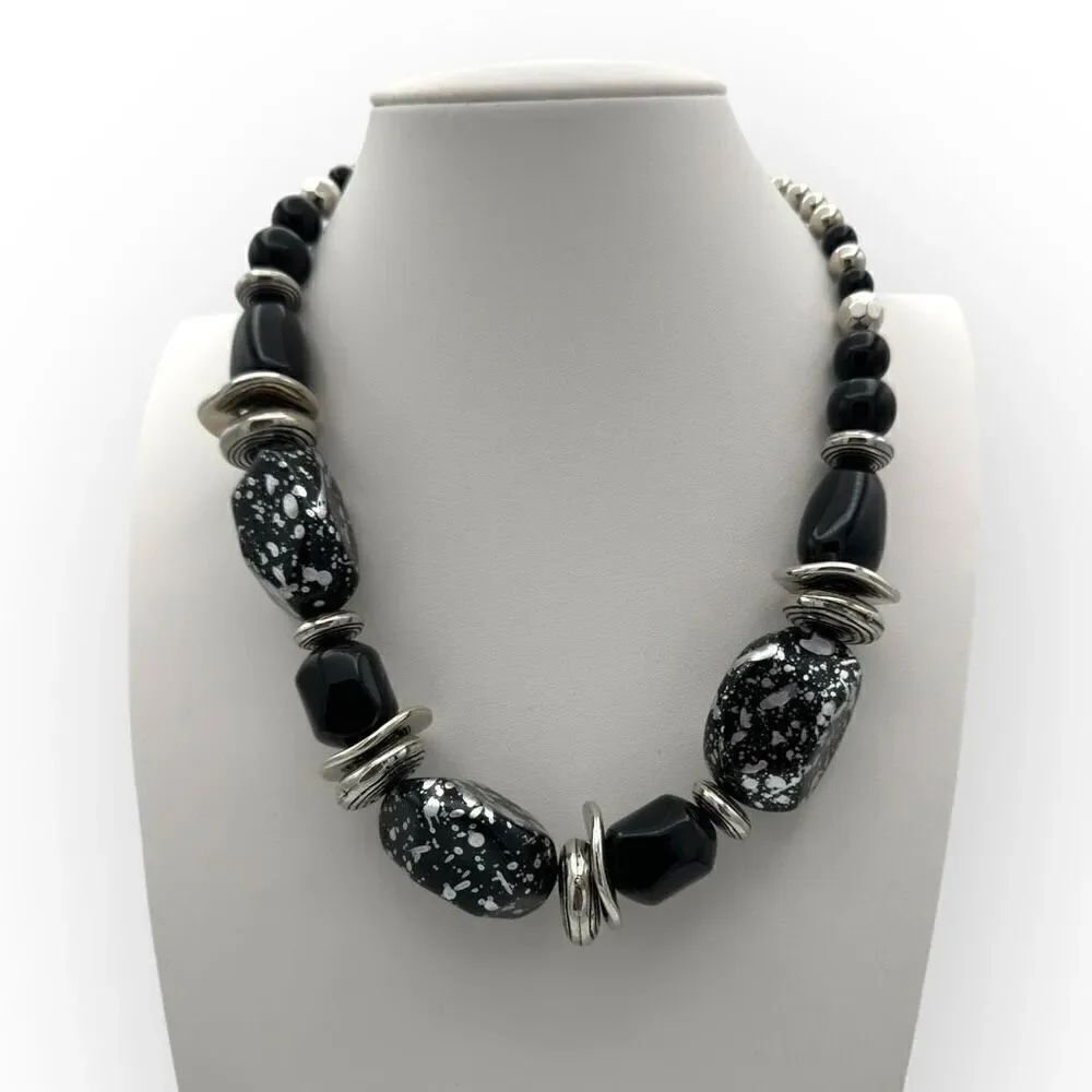 Chunky beaded necklace black and silver color costume